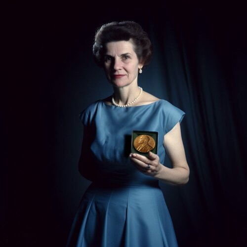 KI-generiertes, fotorealistisches Bild der Forscherin Rosalind Franklin im blauen Kleid, eine Nobel-Medaille in der Hand haltend.