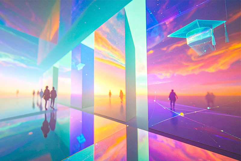 KI-generiertes Bild mit Figuren in einer futuristischen Spiegellandschaft