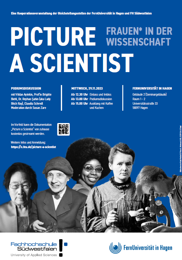 Blauer Hintergrund auf dem der Titel der Veranstaltung Picture a Scientist, Frauen* in der Wissenschaft steht. Diese wird veranstaltet von der FH Südwestfalen und der FernUniversität in Hagen. 