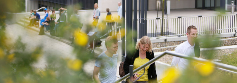Students walk up a set of stairs on the FernUni campus