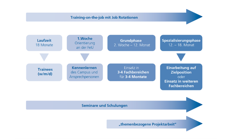 Abbildung des im Folgenden ausgeführten Ablaufplans des Traineeprogramms an der FernUniversität