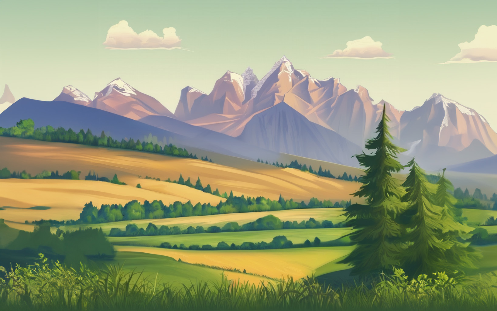 KI-generiertes Bild: Illustration einer sommerlichen Landschaft mit Bergen im Hintergrund