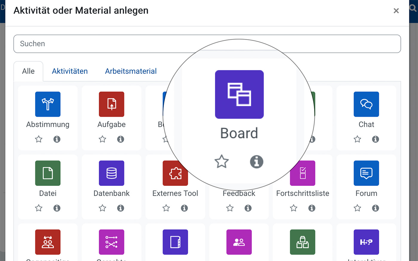 Screenshot des Auswahlfensters für Moodle-Aktivitäten mit Lupe über der Aktivität Board