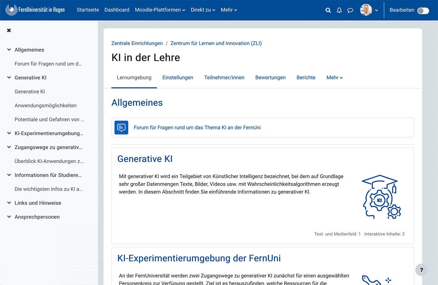 Screenshot der Moodle-Kursumgebung KI in der Lehre