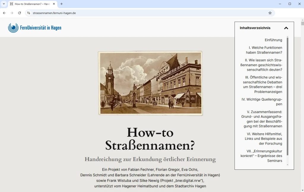 Screenshot der Startseite "How-to Straßennamen": ein historisches Bild mit Blick auf den Bahnhof in Hagen, dem Website-Titel und einer kurzen Projektinfo. Rechts steht das aufgeklappte Inhaltsverzeichnis der Seite.