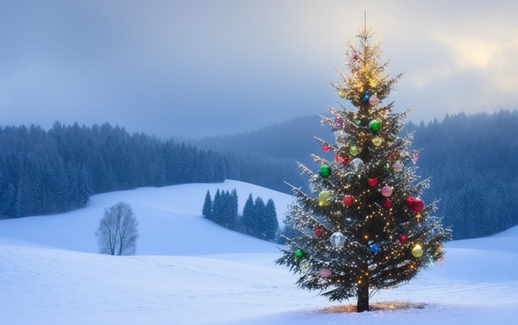 Bild einer winterlichen Landschaft mit einem Weihnachtsbaum im Vordergrund