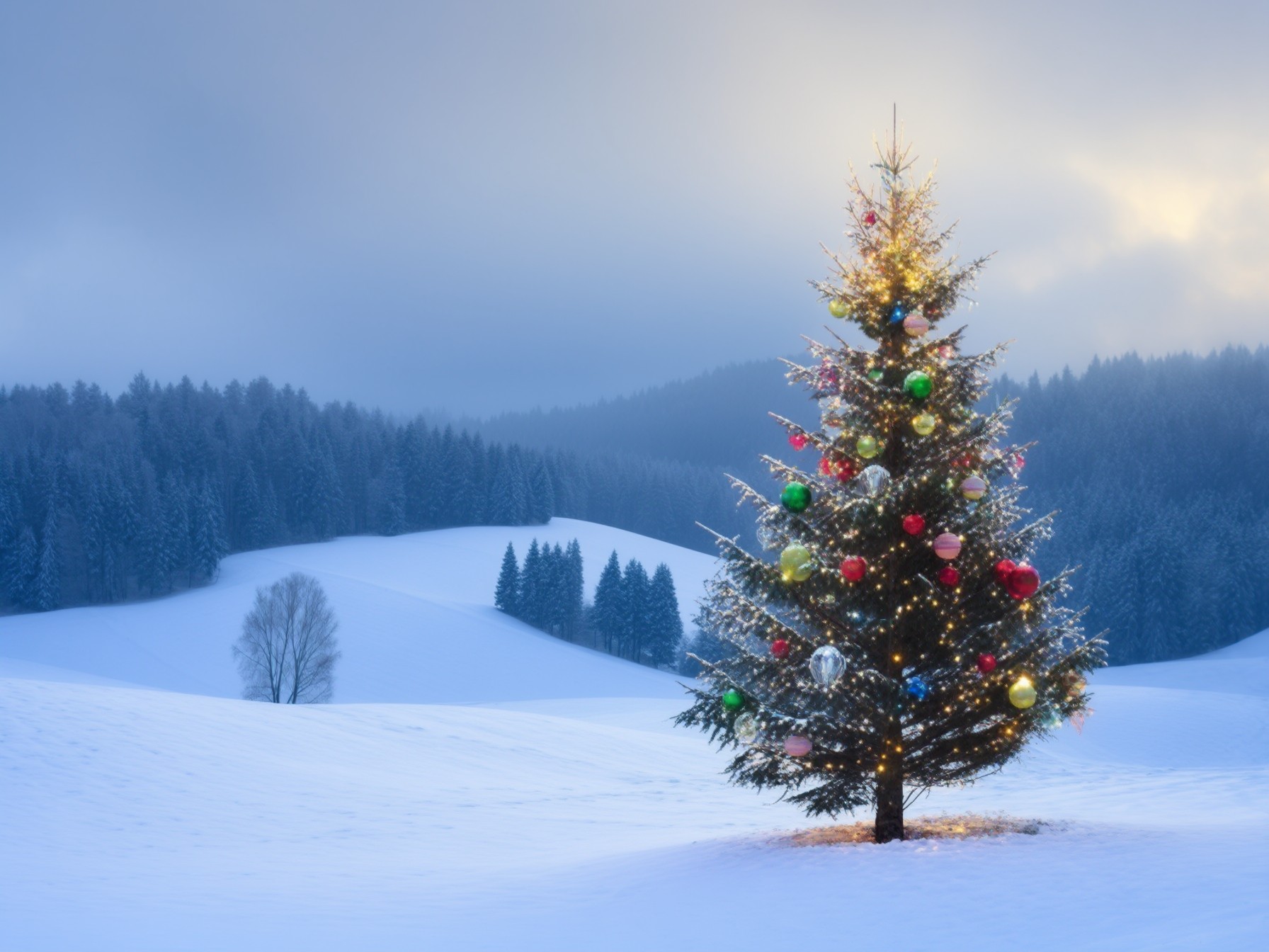 Bild einer winterlichen Landschaft mit einem Weihnachtsbaum im Vordergrund